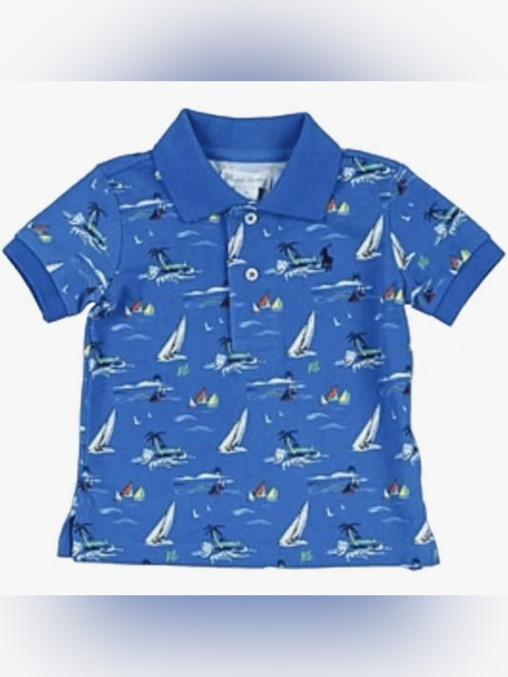 POLO RALPH LAUREN Boys Cotton Mesh Polo Shirt, Blue Sailboat Print, Medium, NWT